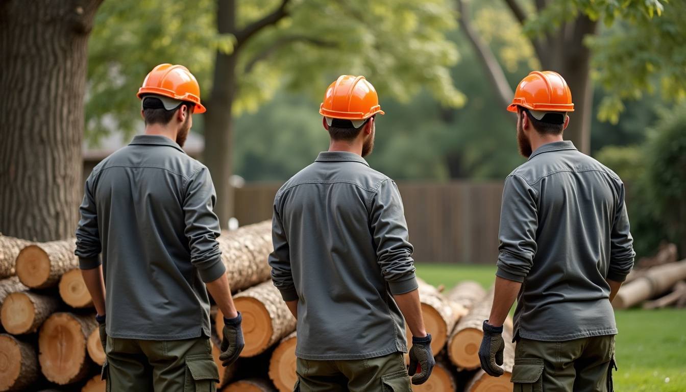 Tree crew stacking cut oak logs in a back yard