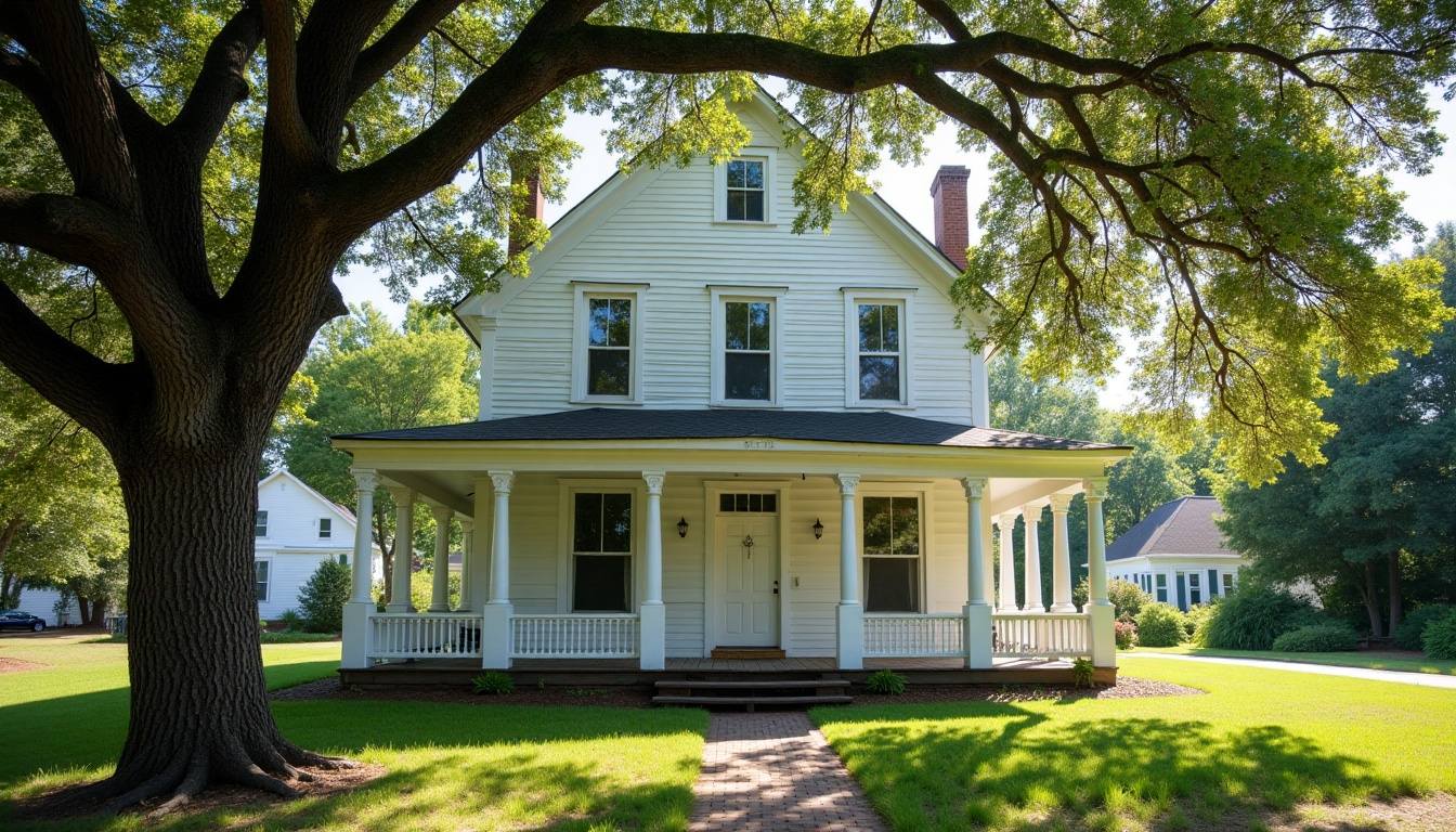 Large old oak shading the front porch of a historic two-story house in Abbeville, South Carolina
