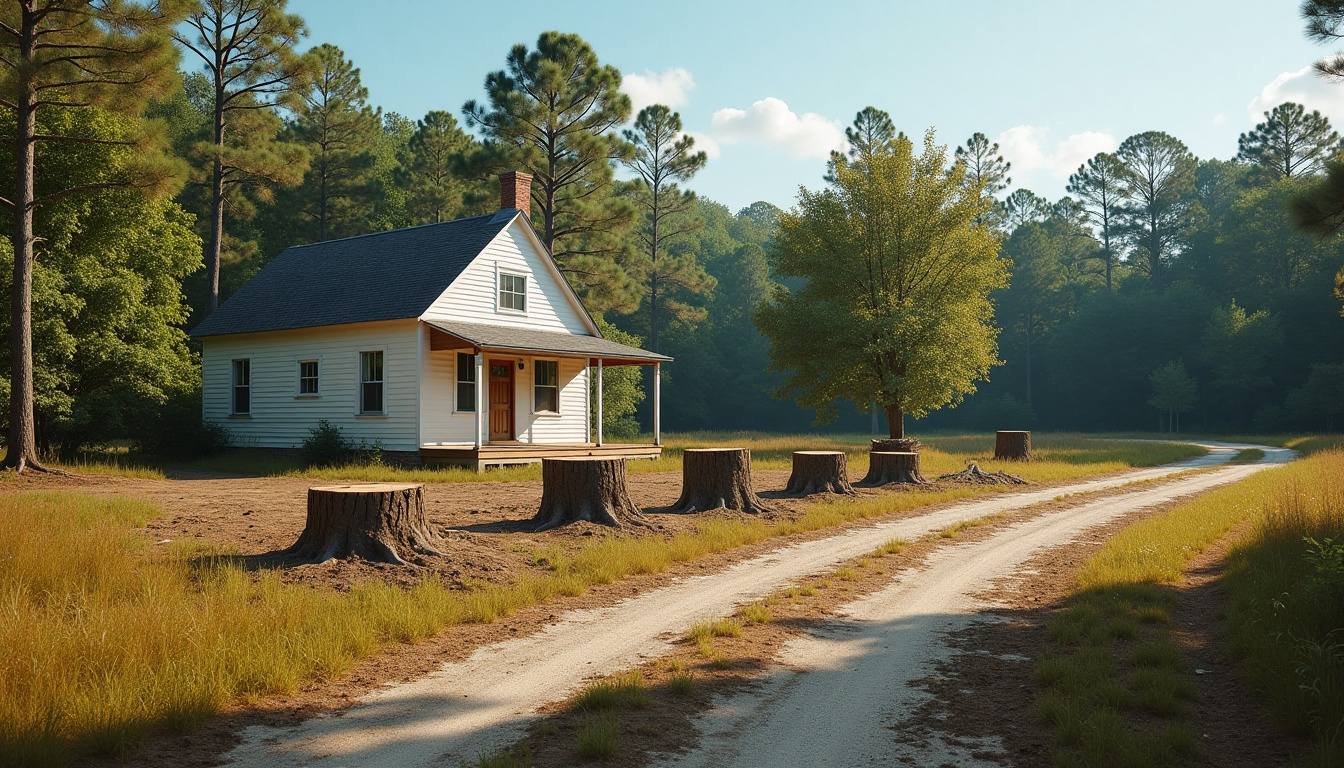 Cut pine rounds and a fresh stump on a rural lot near Bradley, South Carolina