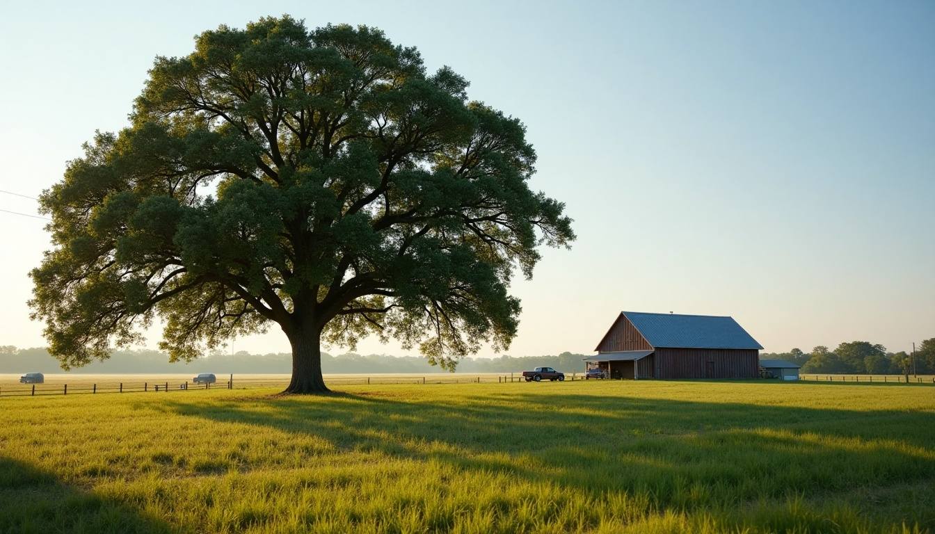 Pines and hardwoods along a pasture fence line on a farm near Donalds, South Carolina
