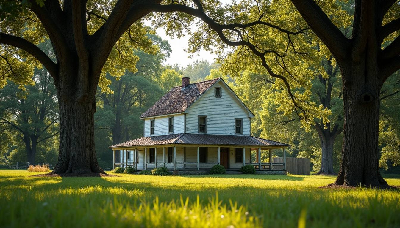 Tall pines and hardwoods along the edge of an open field on a rural property near Ninety Six, South Carolina