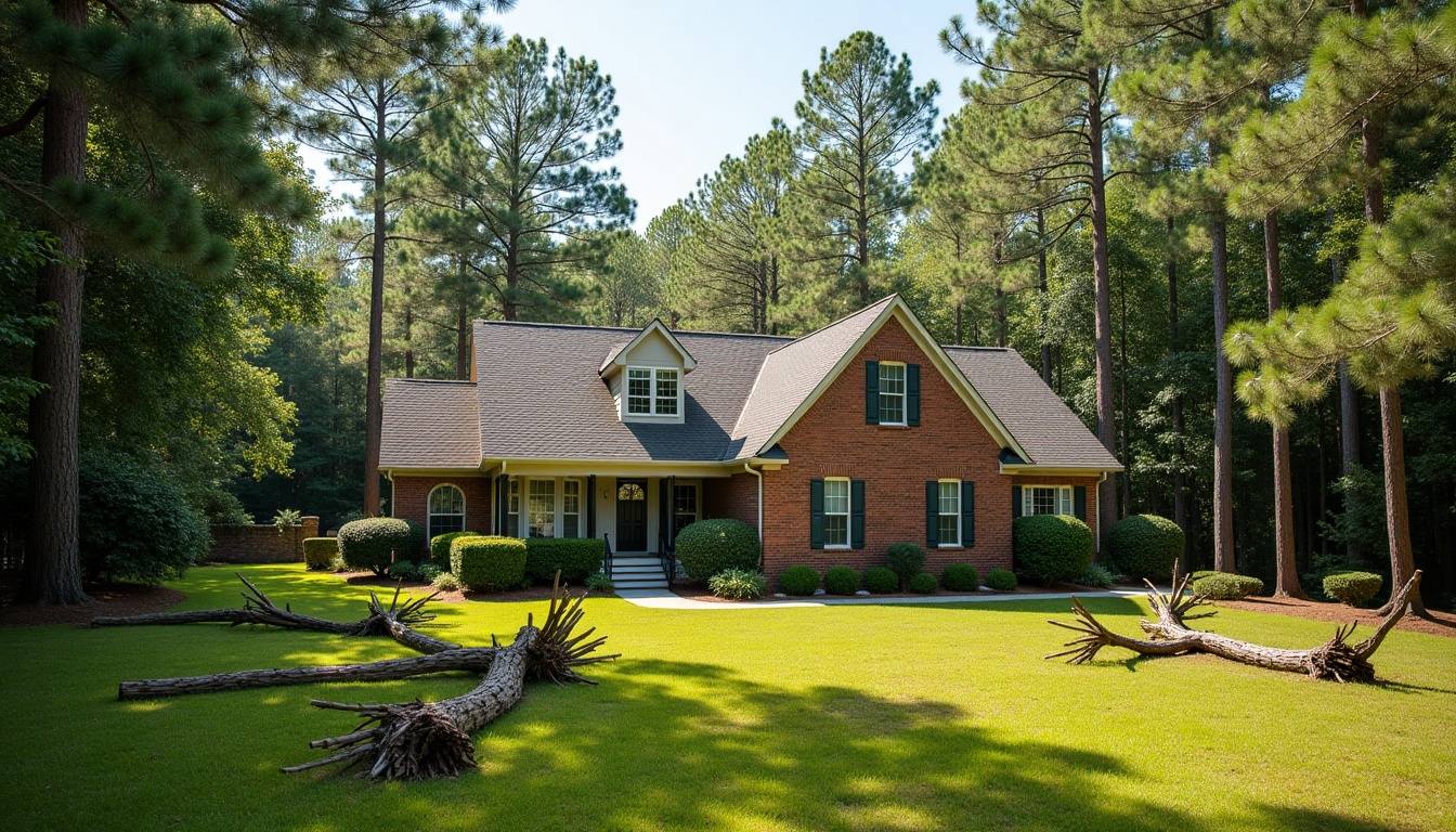 Large oak and pine trees shading an older home on a quiet street in Saluda, South Carolina
