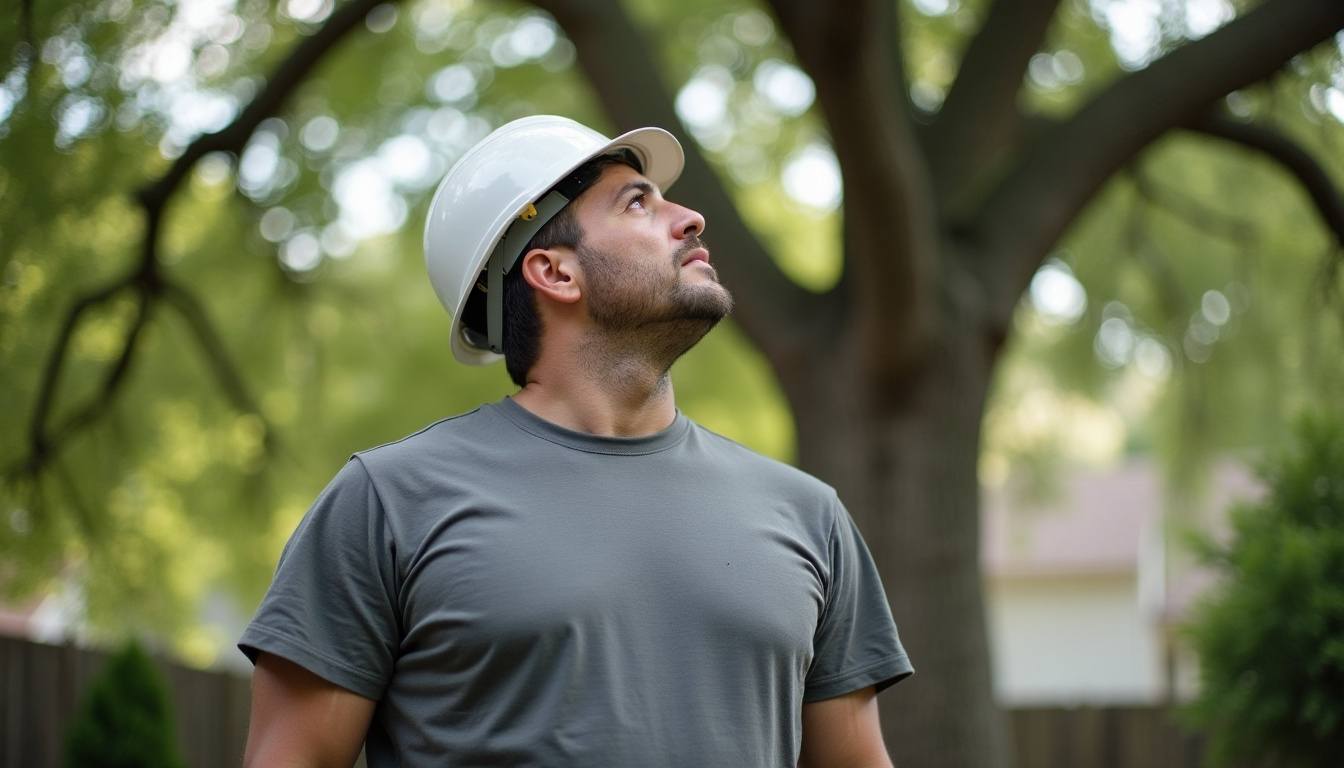 Arborist looking up into an oak canopy during an estimate