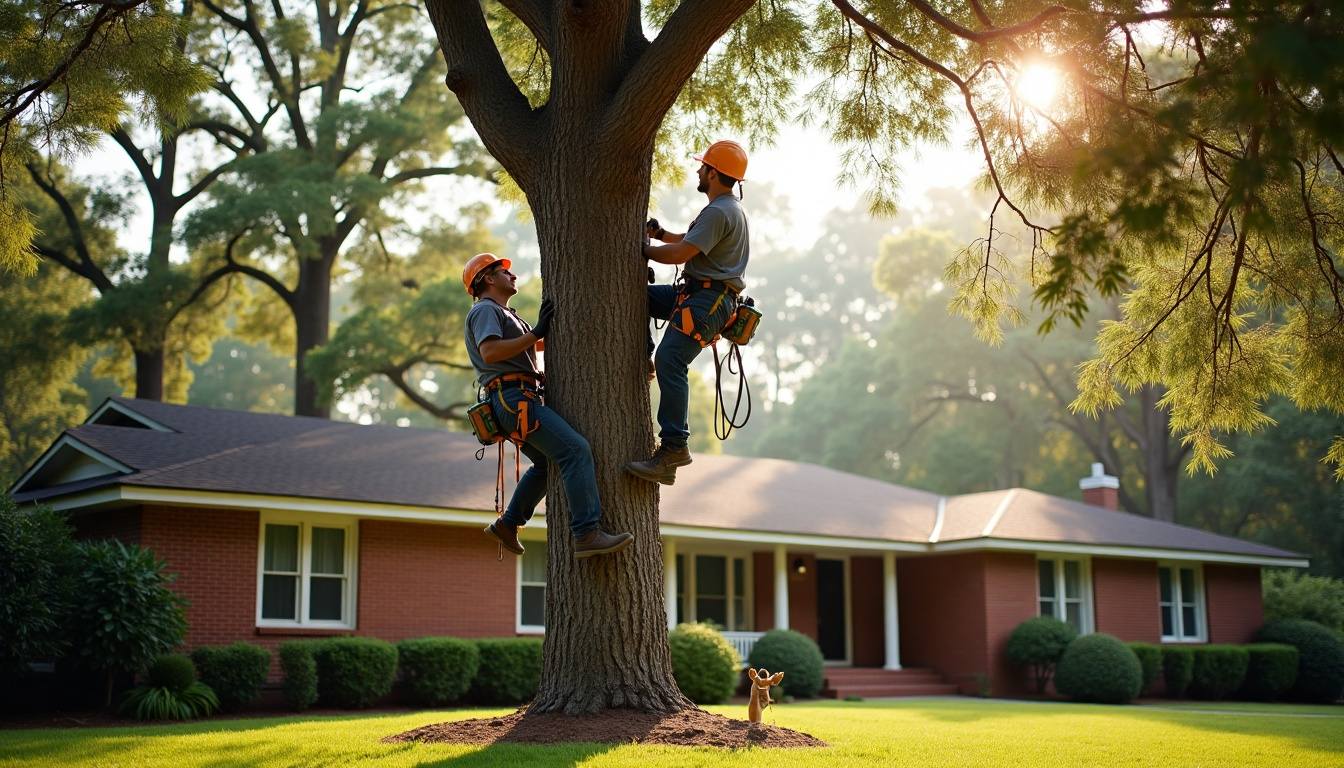 Tree crew taking down a tall pine beside a brick home in Greenwood, SC