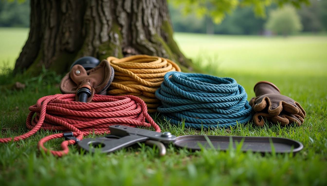 Climbing rope, harness and rigging gear on the lawn