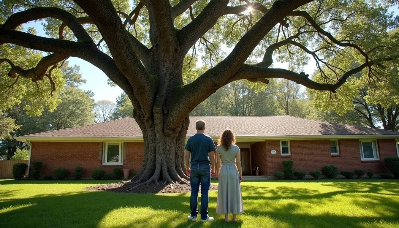 Homeowners looking up at an oak limb that hangs over the roof
