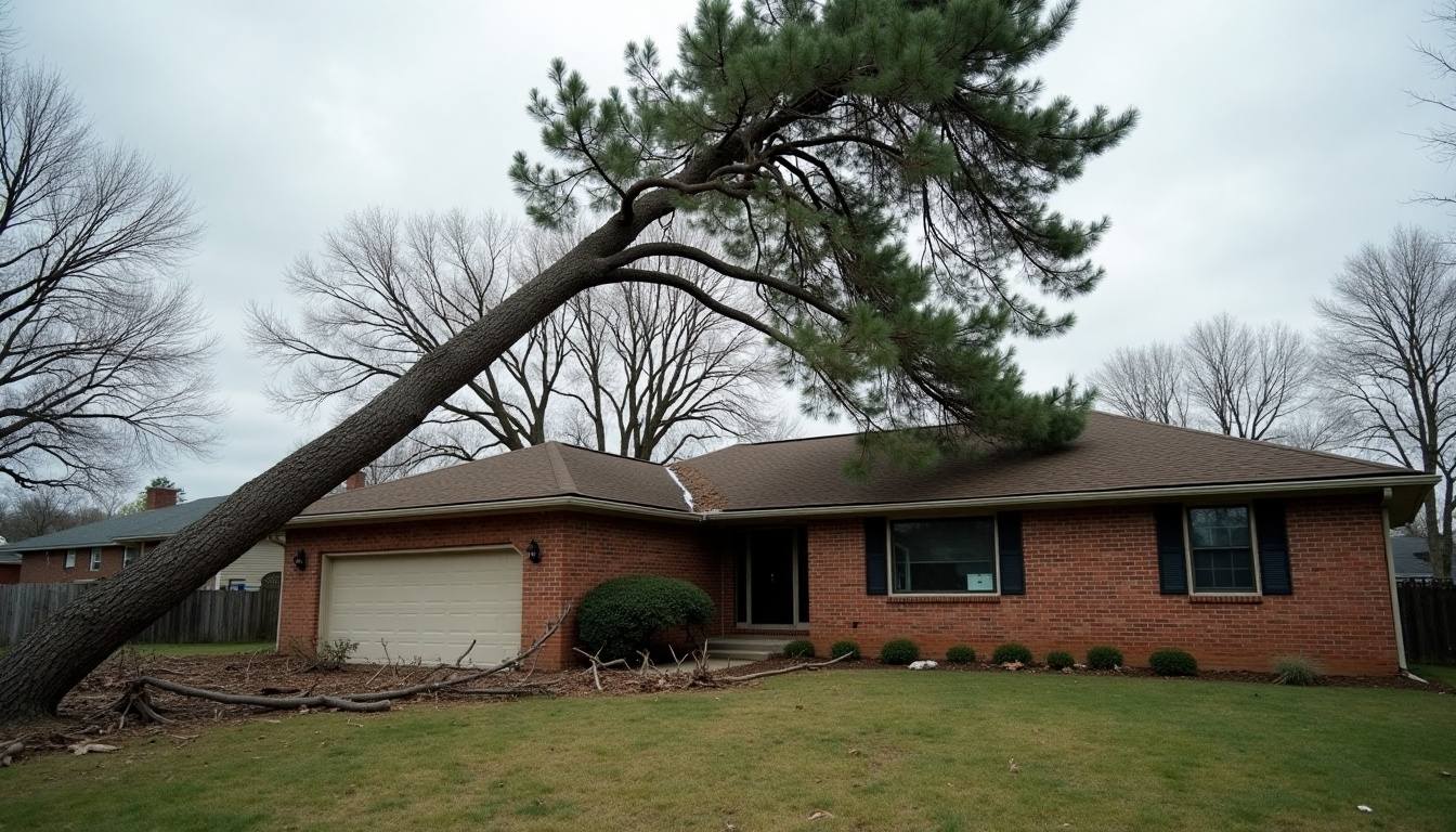Storm-snapped pine leaning on a house roof