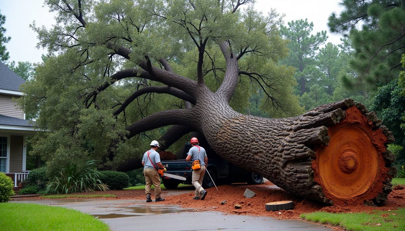 Uprooted oak across a driveway after a storm